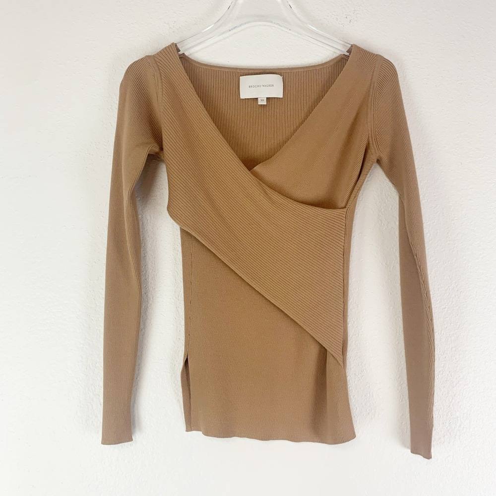 Brochu Walker Cari Rib Top Womens XS Faux Wrap Sweater Balletcore Quiet Luxury